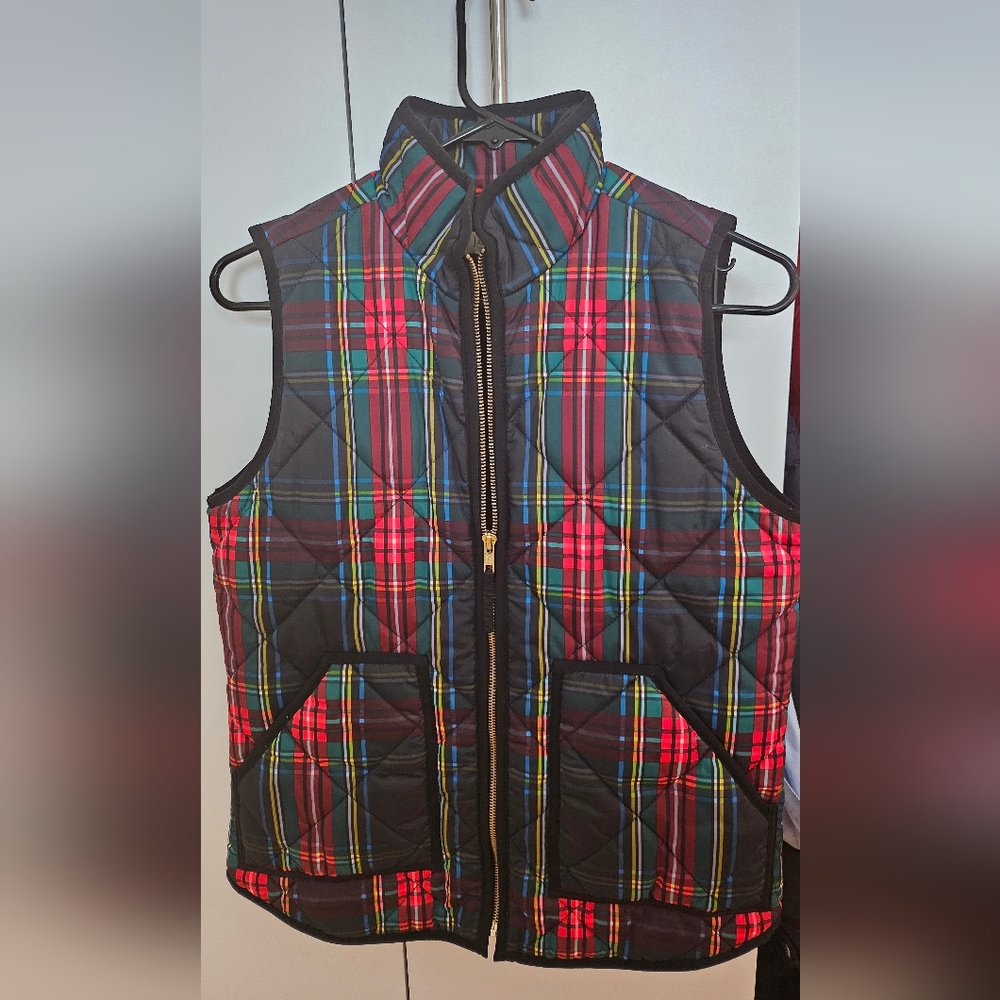 J crew puff vest red tartan
